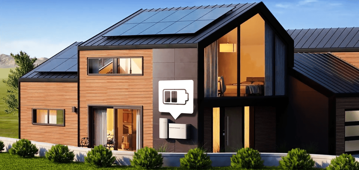 a house with solar panels and a batter icon over battery