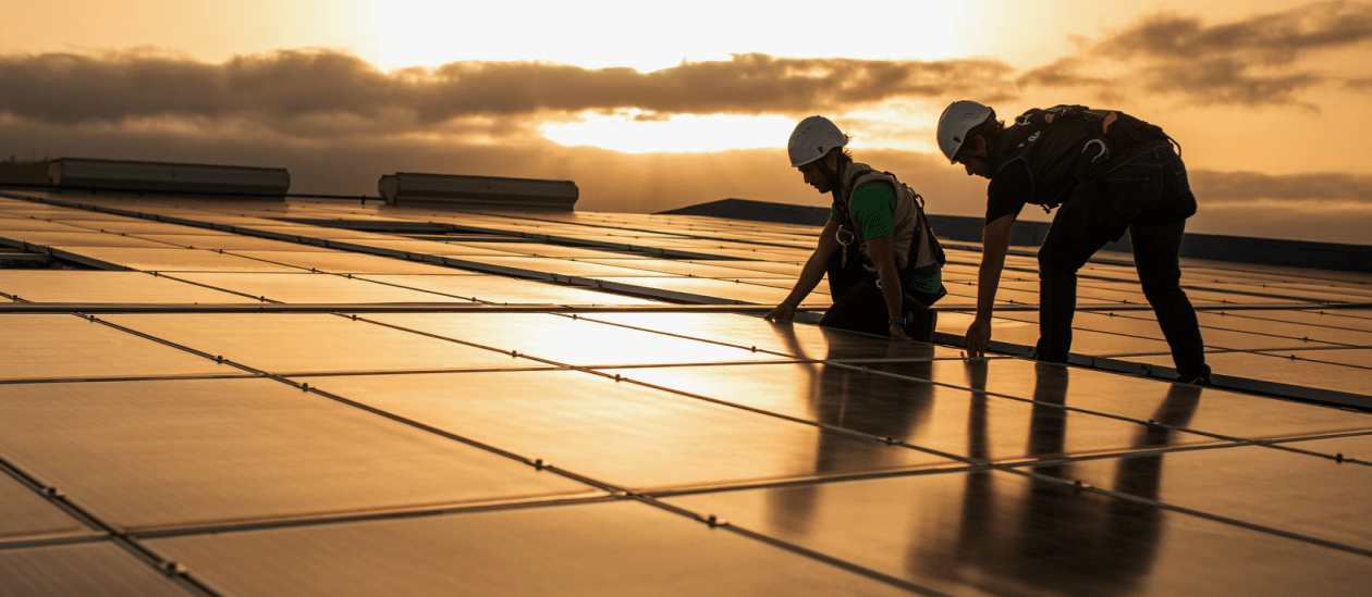 Team lays modules in place for a rooftop commercial solar installation