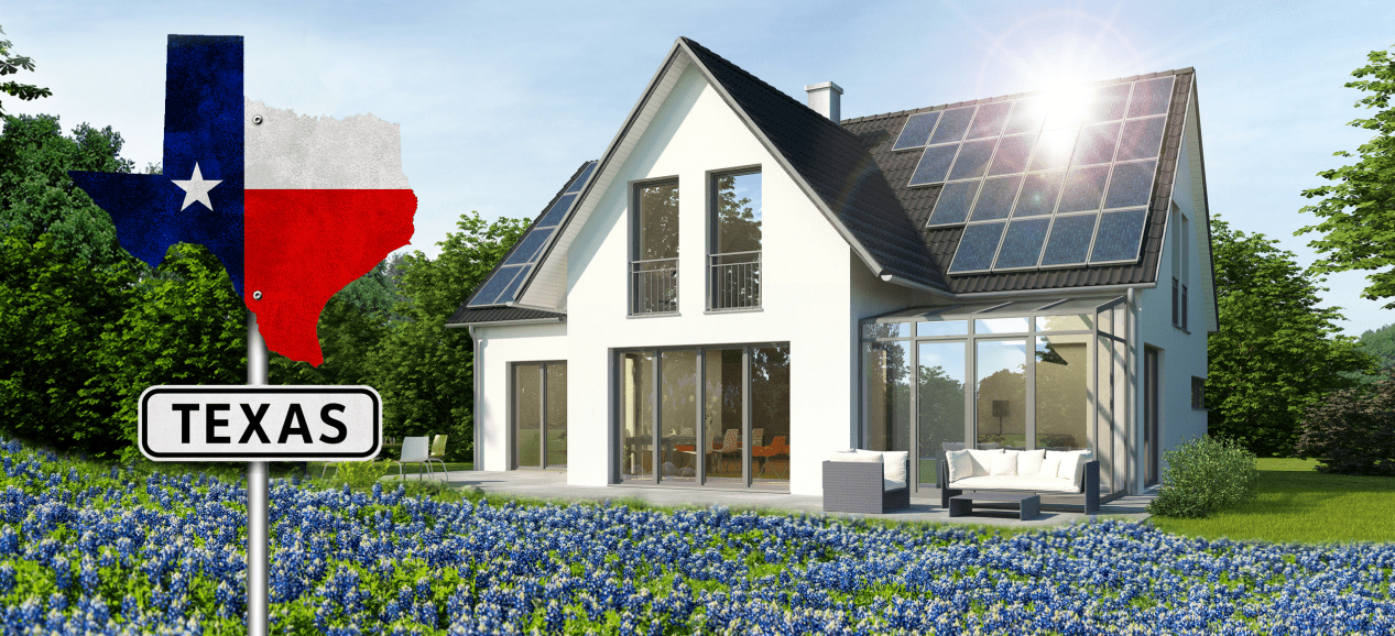 a house with solar panels and a texas sign