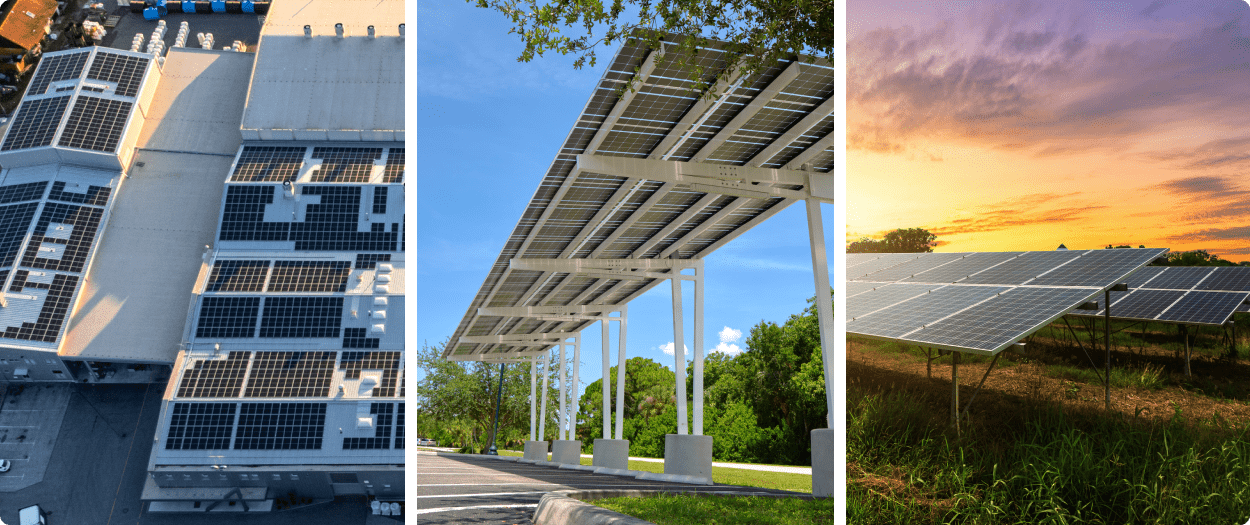 three images of solar panels