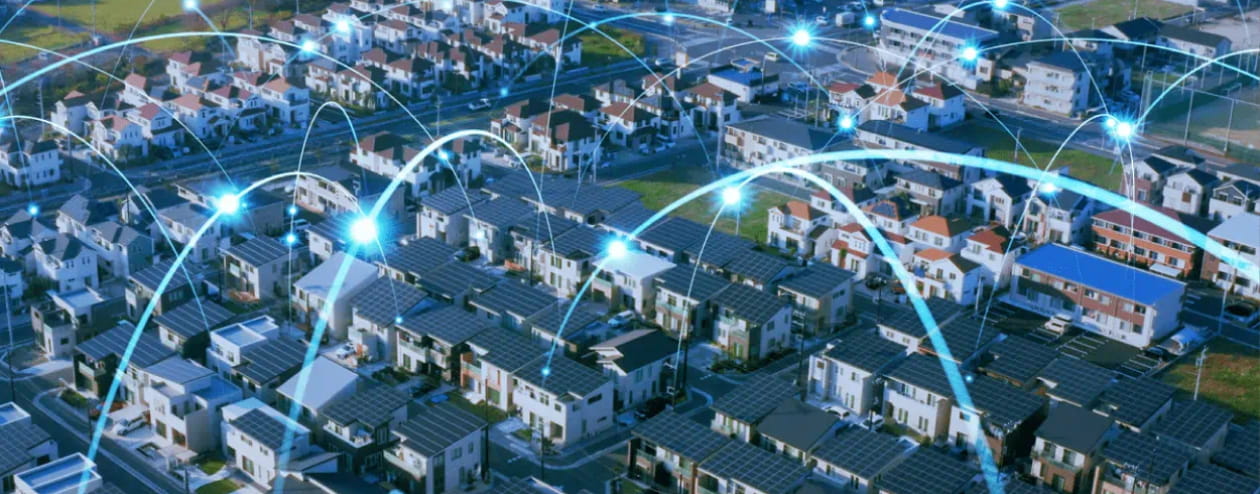 Conceptual grid showing the flow of electricity between homes in a neighborhood