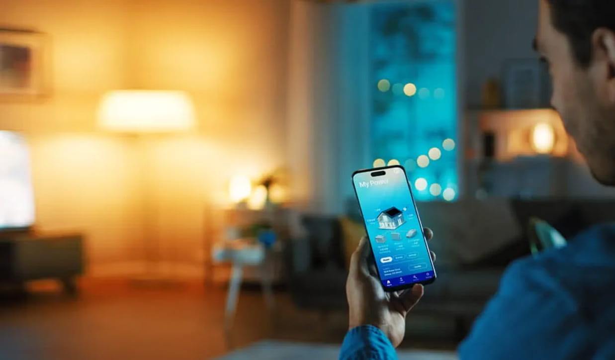 A man using a smartphone in a living room, engrossed in the screen